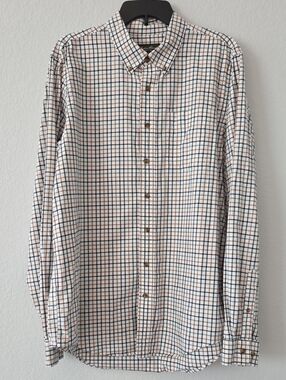 Eddie Bauer White Button-Down Shirt Navy Brown Grid Large 100% Cotton Preppy Dad